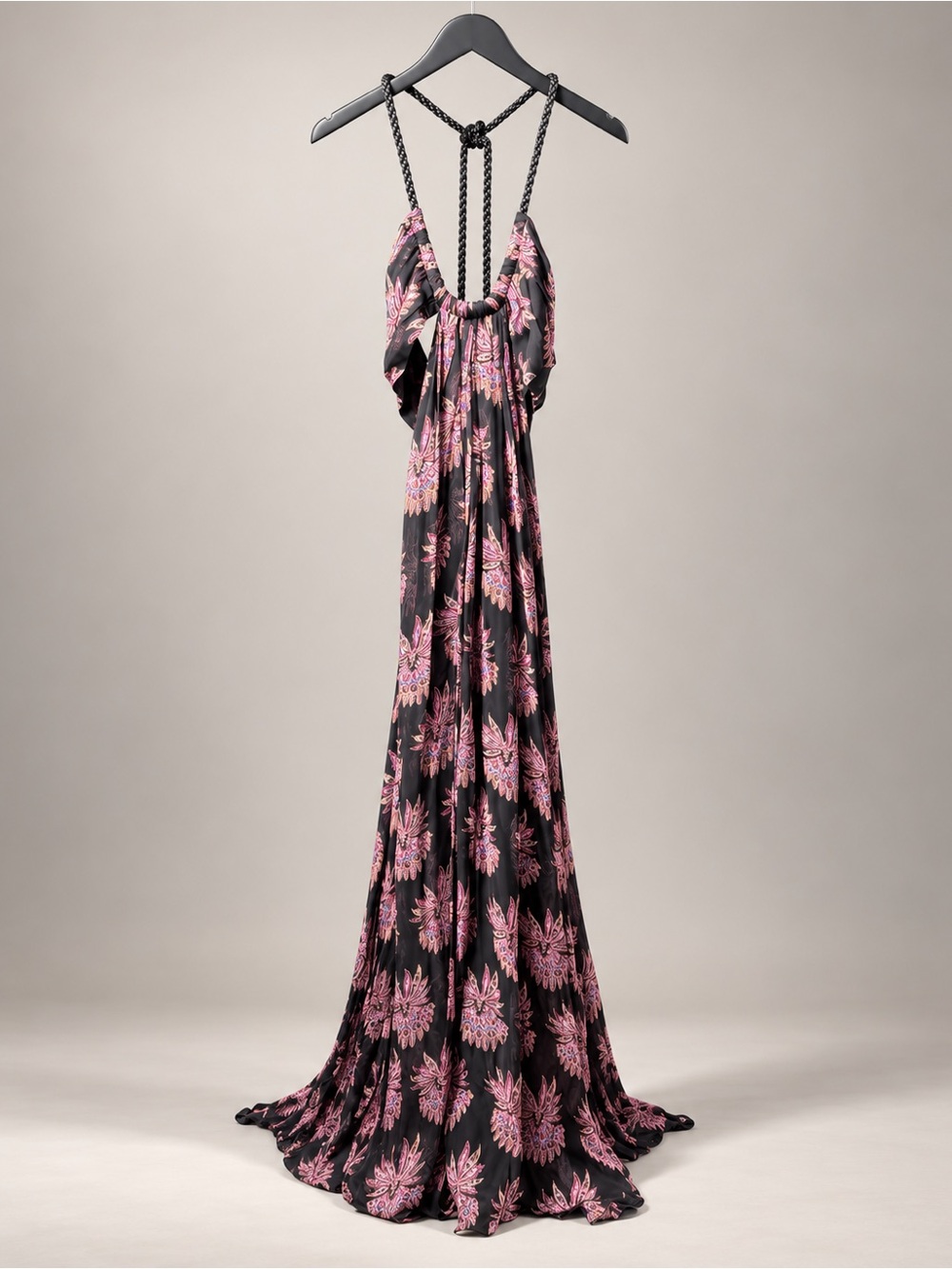 Etro Black Maxi Dress with Pink Floral Print